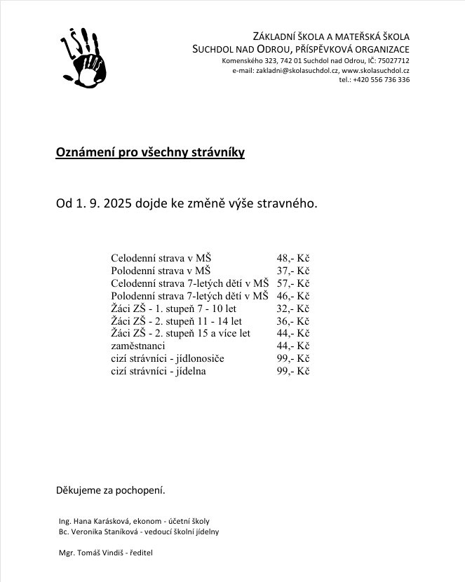 Oznámení pro všechny strávníky