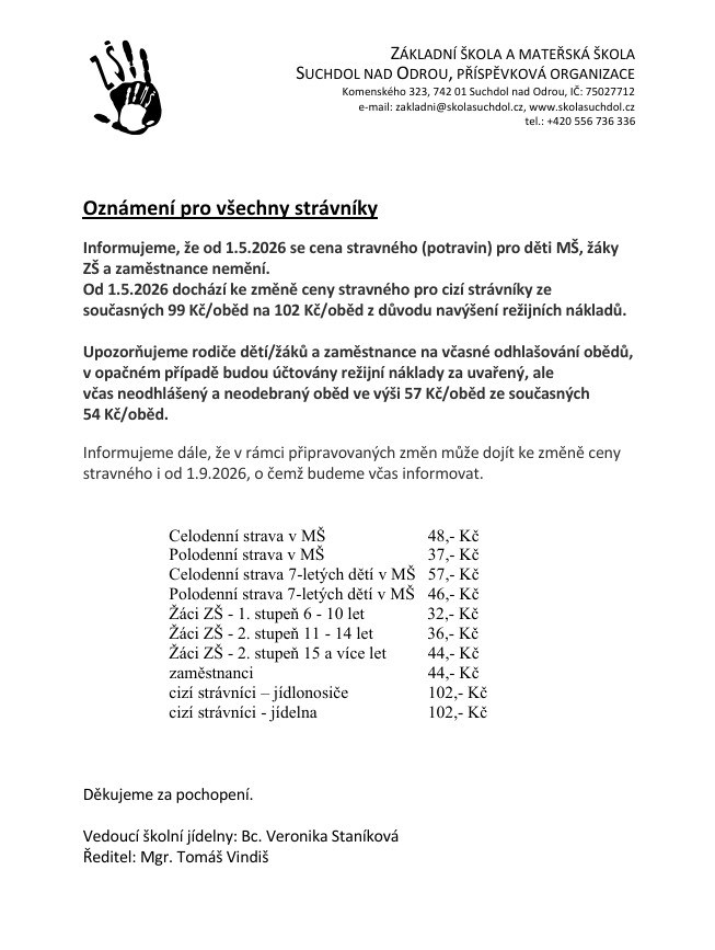 Oznámení pro všechny strávníky